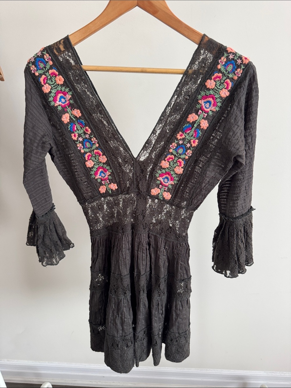 Free People Dark Green Embroidered V-Neck Women's Dress